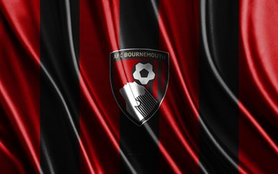 4k, Bournemouth FC, Premier League, red black silk texture, Bournemouth FC flag, English football team, football, silk flag, Bournemouth FC emblem, England, Bournemouth FC badge
