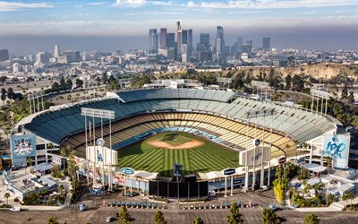 Dodger Stadium, 4k, aerial view, baseball stadium, Los Angeles skyline, Los Angeles Dodgers stadium, Major League Baseball, Elysian Park, Los Angeles, California, USA, Los Angeles Dodgers, baseball