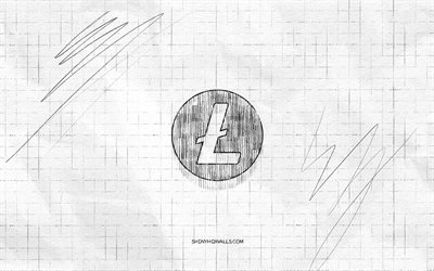 litecoin スケッチ ロゴ, 4k, 市松模様の紙の背景, litecoin 黒のロゴ, 暗号通貨, ロゴスケッチ, ライトコインのロゴ, 鉛筆画, ライトコイン