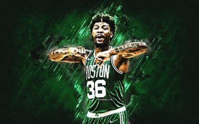 Marcus Smart, Boston Celtics, NBA, american basketball player, portrait, green stone background, National Basketball Association, USA, basketball