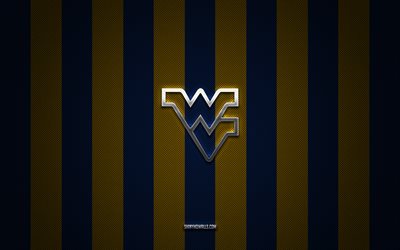 West Virginia Mountaineers logo, American football team, NCAA, blue gold carbon background, West Virginia Mountaineers emblem, American football, West Virginia Mountaineers, USA, West Virginia Mountaineers silver metal logo