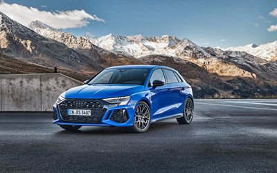 2023, Audi RS3 Performance Edition, 4k, front view, exterior, blue Audi RS3, blue hatchback, new RS3 2023, German cars, Audi