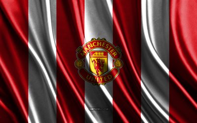 4k, Manchester United FC, Premier League, red white silk texture, Manchester United FC flag, English football team, football, silk flag, Manchester United FC emblem, England, Manchester United FC badge
