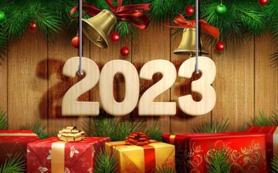 2023 Happy New Year, 4k, 3D wooden digits, garters, 2023 concepts, 2023 3D digits, gift boxes, xmas decorations, Happy New Year 2023, creative, xmas bells, 2023 wooden background, 2023 year, Merry Christmas