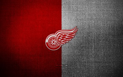 distintivo di wings red wings di detroit, 4k, sfondo in tessuto bianco rosso, nhl, logo di detroit red wings, emblema di detroit red wings, hockey, logo sportivo, bandiera di detroit red wings, american hockey team, detroit red wings