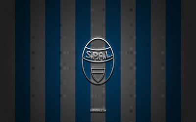SPAL logo, Italian football club, Serie B, blue white carbon background, SPAL emblem, football, SPAL, Italy, SPAL silver metal logo