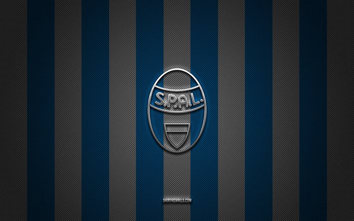logotipo de spal, club de fútbol italiano, serie b, fondo de carbono blanco azul, emblema de spal, fútbol, ​​spal, italia, logotipo de spal silver metal