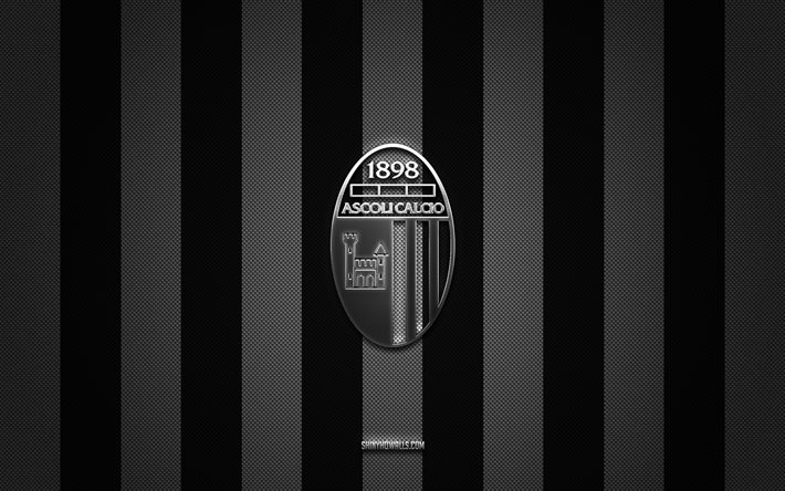 Ascoli Calcio 1898 FC logo, Italian football club, Serie B, black white carbon background, Ascoli Calcio 1898 FC emblem, football, Ascoli Calcio 1898 FC, Italy, Ascoli Calcio 1898 FC silver metal logo