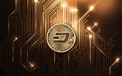 Dash gold coin, 4k, cryptocurrency, Dash sign, Dash emblem, Dash logo, gold coins, Dash, cryptocurrency background, Dash sign on gold coin