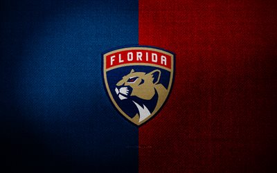 フロリダパンサーズバッジ, 4k, 青い赤い生地の背景, nhl, フロリダパンサーズのロゴ, フロリダパンサーズのエンブレム, ホッケー, スポーツロゴ, フロリダパンサーズフラッグ, アメリカンホッケーチーム, フロリダパンサーズ