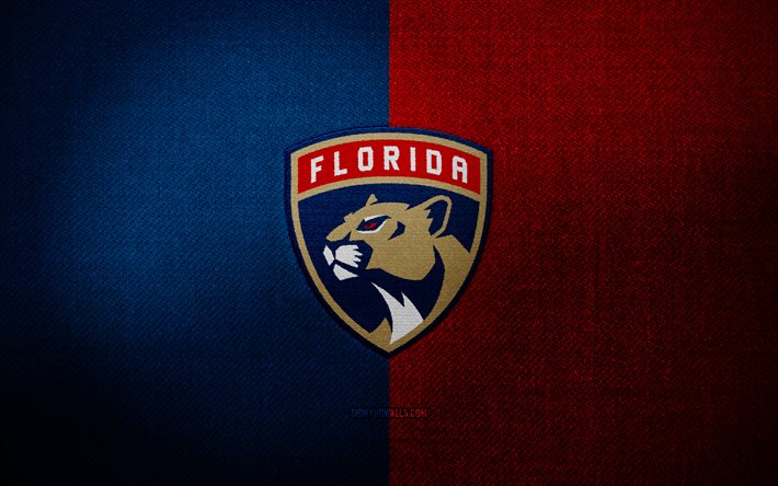 Florida Panthers badge, 4k, blue red fabric background, NHL, Florida Panthers logo, Florida Panthers emblem, hockey, sports logo, Florida Panthers flag, american hockey team, Florida Panthers