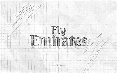 logotipo de esboço da emirates airlines, 4k, fundo de papel xadrez, logotipo preto da emirates airlines, emirados fly, sketches de logotipo, logotipo da emirates airlines, desenho a lápis, emirates airlines, fly emirates logo