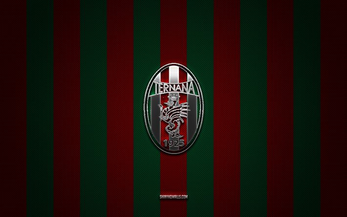 ternana calco logo, italian football club, serie b, red green carbon background, emblema del calcio ternana, football, ternana caldio, italia, ternana calcio silver metal logo