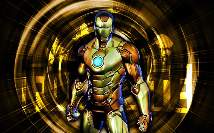 ゴールドフォイルアイアンマン, 4k, 茶色の抽象的な背景, フォートナイト, 抽象光線, ゴールドフォイルアイアンマンスキン, フォートナイトゴールドフォイルアイアンマンスキン, fortniteキャラクター, ゴールドフォイルアイアンマンフォートナイト