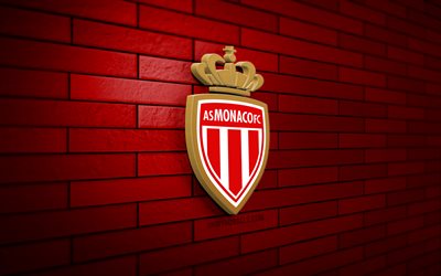 AS Monaco 3D logo, 4K, red brickwall, Ligue 1, soccer, french football club, AS Monaco logo, AS Monaco emblem, football, AS Monaco, sports logo, Monaco FC
