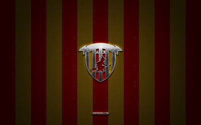 Benevento Calcio logo, Italian football club, Serie B, yellow red carbon background, Benevento Calcio emblem, football, Benevento Calcio, Italy, Benevento Calcio silver metal logo