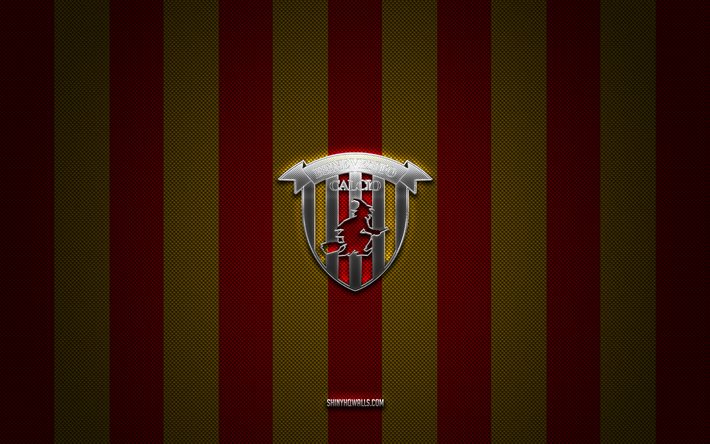 benevento calcio logo, italienischer fußballverein, serie b, yellow red carbon hintergrund, benevento calcio emblem, fußball, benevento calcio, italien, benevento calcio silver metal logo