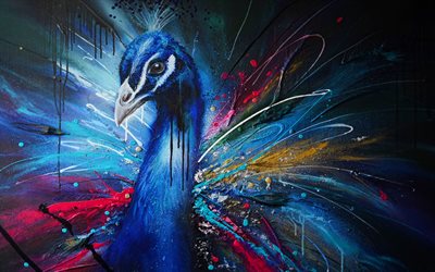 peacock abstracto, 4k, obras de arte, pájaros exóticos, creatividad, pavo cristatus, imágenes con pavo real, pájaro, bellas pájaros, afropavo, pájaro de pavo real, pavo