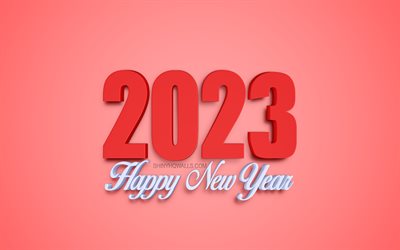 2023 Happy New Year, 4k, 2023 red 3d background, red 3d letters, 2023 concepts, Happy New Year 2023, red 2023 background, 2023 greeting card, 2023 3d art