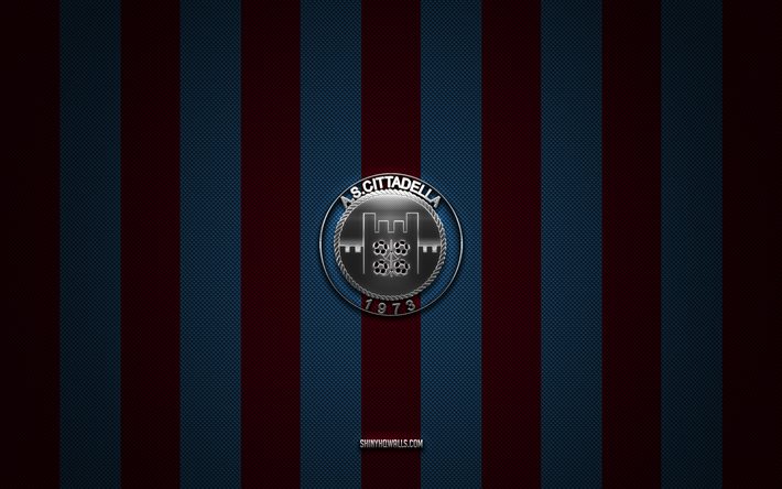 als cittadella -logo, italian football club, serie b, burgundy blue carbon hintergrund, als cittadella -emblem, fußball, als cittadella, italien, als cittadella silver metal logo