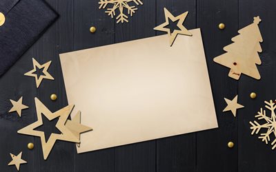 クリスマスグリーティングカード, 4k, 黒いクリスマスの背景, クリスマスの飾り, クリスマス, メリークリスマス, あけましておめでとう, 木製のクリスマスの装飾, 空のグリーティングカード