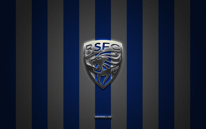 Brescia Calcio logo, Italian football club, Serie B, blue white carbon background, Brescia Calcio emblem, football, Brescia Calcio, Italy, Brescia Calcio silver metal logo