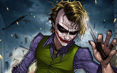 Joker, 4k, comics, supervillain, knife, fan art, Joker with knife, creative, Joker 4K, Cartoon Joker, artwork