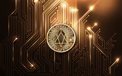 EOS gold coin, 4k, cryptocurrency, EOS sign, EOS emblem, EOS logo, gold coins, EOS, cryptocurrency background, EOS sign on gold coin