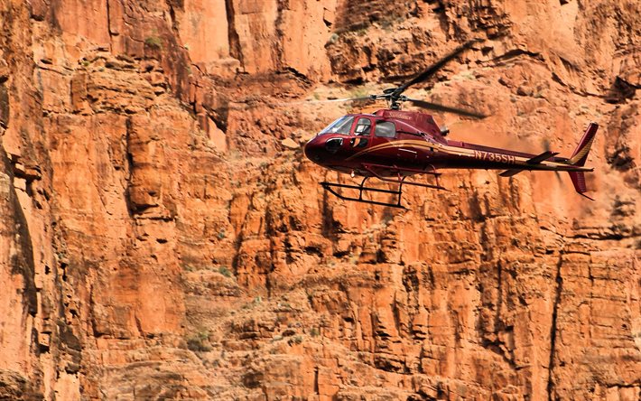 eurocopter as350 b2, 4k, uçan helikopterler, sivil havacılık, kırmızı helikopter, havacılık, eurocopter, helikopterli resimler, as350