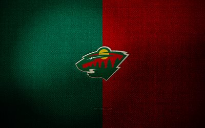 badge wild minnesota, 4k, sfondo in tessuto rosso verde, nhl, logo selvaggio del minnesota, emblema selvaggio del minnesota, hockey, logo sportivo, bandiera selvaggia del minnesota, squadra di hockey americana, minnesota wild