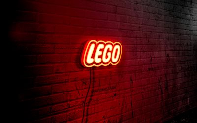 logo lego neon, 4k, brickwall rosso, arte grunge, creativa, logo sul filo, logo rosso lego, marchi, logo lego, opere d arte, lego