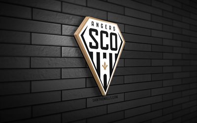 aners sco 3d -logo, 4k, black brickwall, ligue 1, fußball, french football club, angers sco -logo, angers sco emblem, angers sco, sportlogo, angers fc