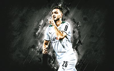 ramy bensebaini, borussia monchengladbach, jogador de futebol argelino, fundo branco de pedra, bundesliga, alemanha, futebol