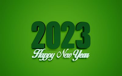 2023 새해 복 많이 받으세요, 4k, 2023 녹색 3d 배경, 녹색 3d 글자, 2023 개념, 새해 복 많이 받으세요 2023, 녹색 2023 배경, 2023 인사말 카드, 2023 3d 아트