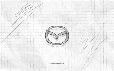 mazda sketch logo, 4k, fond de papier à carreaux, logo noir mazda, marques de voitures, croquis de logo, logo mazda, dessin au crayon, mazda