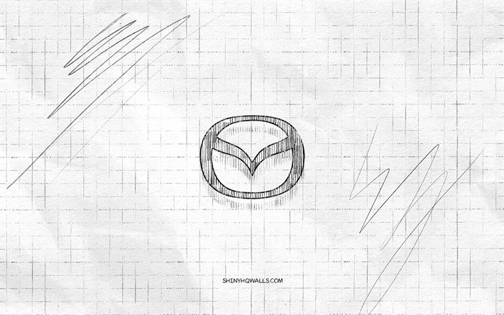 mazda sketch logo, 4k, fond de papier à carreaux, logo noir mazda, marques de voitures, croquis de logo, logo mazda, dessin au crayon, mazda