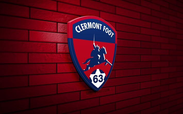 clermont foot 63 logotipo 3d, 4k, purple brickwall, ligue 1, soccer, french football club, clermont foot 63 logotipo, clermont foot 63 emblema, fútbol, ​​clermont foot 63, logotipo sports, clermont fo