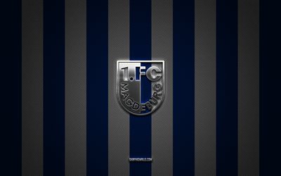 fc magdeburg logo, allemand football club, 2 bundesliga, blue white carbon background, fc magdeburg emblem, football, fc magdeburg, allemagne, fc magdeburg silver metal logo