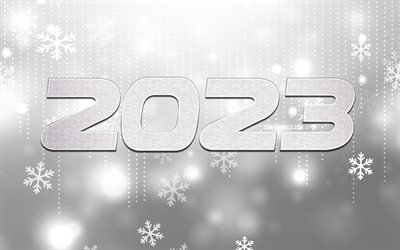 4k, 2023明けましておめでとうございます, シルバーグリッターディジット, 雪片, 2023概念, クリエイティブ, 銀3d桁, 2023 3d桁, 明けましておめでとう2023, 2023グレーの背景, 2023年, 2023冬の概念