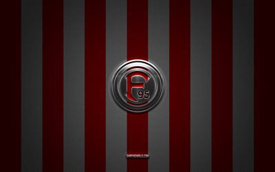 fortuna dusseldorf logo, alman futbol kulübü, 2 bundesliga, kırmızı beyaz karbon arka plan, fortuna dusseldorf amblemi, futbol, ​​fortuna dusseldorf, almanya, fortuna dusseldorf gümüş metal logosu