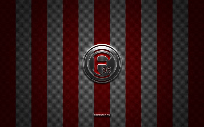 fortuna dusseldorf logo, alman futbol kulübü, 2 bundesliga, kırmızı beyaz karbon arka plan, fortuna dusseldorf amblemi, futbol, ​​fortuna dusseldorf, almanya, fortuna dusseldorf gümüş metal logosu