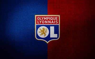 Olympique Lyonnais badge, 4k, red blue fabric background, Ligue 1, Olympique Lyonnais logo, Olympique Lyonnais emblem, sports logo, french football club, Olympique Lyonnais, OL, soccer, football, Lyon FC