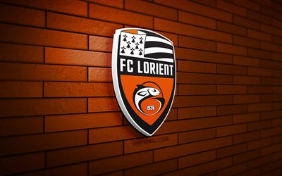 fc lorient 3d 로고, 4k, 오렌지 브릭 월, 리그 1, 축구, 프랑스 축구 클럽, fc lorient 로고, fc lorient emblem, fc lorient, 스포츠 로고, lorient fc