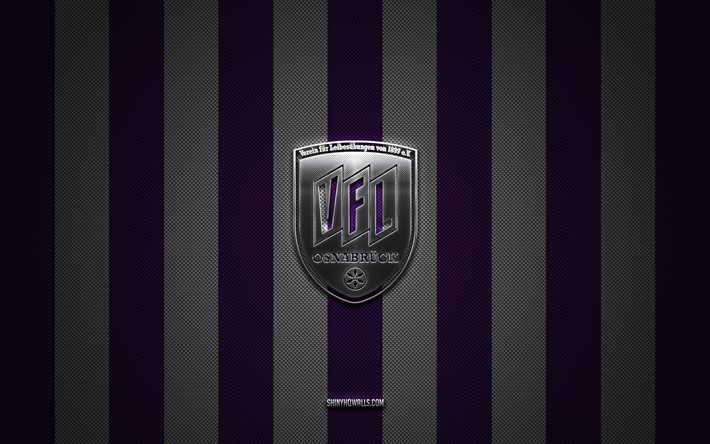 vfl logo osnabrueck, club di calcio tedesco, 2 bundesliga, background di carbonio bianco viola, vfl osnabrueck emblem, football, vfl osnabrueck, germania, vfl osnabrueck silver metal logo