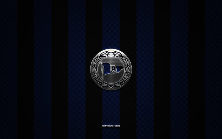 dsc arminia bielefeld logo, clube de futebol alemão, 2 bundesliga, fundo azul de carbono preto, dsc arminia bielefeld emblema, futebol, dsc arminia bielefeld, alemanha, dsc arminia bielefeld silver metal logo