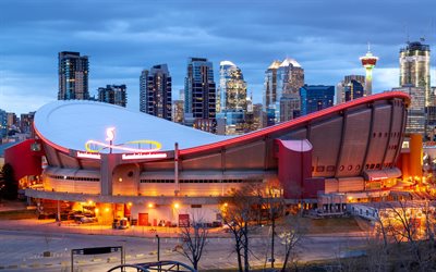 Scotiabank Saddledome, nightscapes, NHL stadiums, Calgary Flames stadium, NHL, hockey stadiums, Ice Arena, Calgary, Canada, canadian stadiums, Calgary cityscape, Calgary Flames