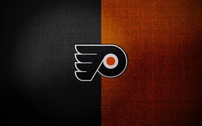 Philadelphia Flyers badge, 4k, black orange fabric background, NHL, Philadelphia Flyers logo, Philadelphia Flyers emblem, hockey, sports logo, Philadelphia Flyers flag, american hockey team, Philadelphia Flyers