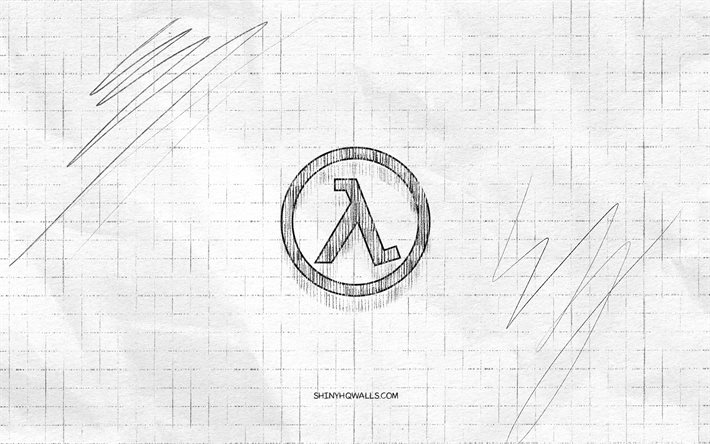 Half-Life sketch logo, 4K, checkered paper background, Half-Life black logo, games brands, logo sketches, Half-Life logo, pencil drawing, Half-Life