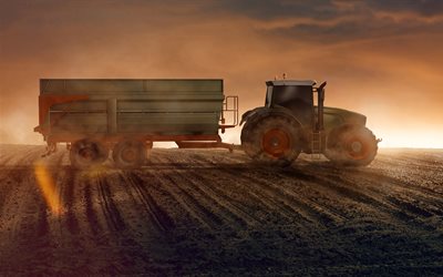 tractor con remolque, 4k, noche, puesta de sol, cosecha, maquinaria agrícola, tractores, cosecha de campo, transporte de tractores