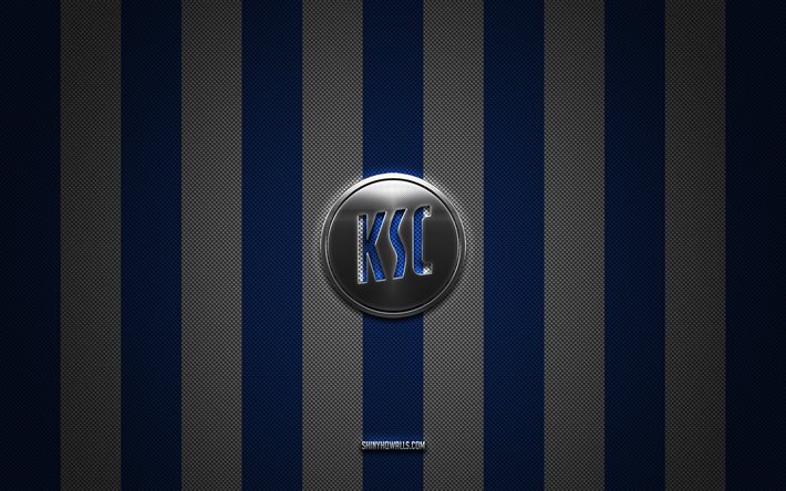 logotipo de karlsruher sc, club de fútbol alemán, 2 bundesliga, fondo de carbono blanco azul, karlsruher sc emblem, football, karlsruher sc, alemania, karlsruher sc logotipo de metal de plata